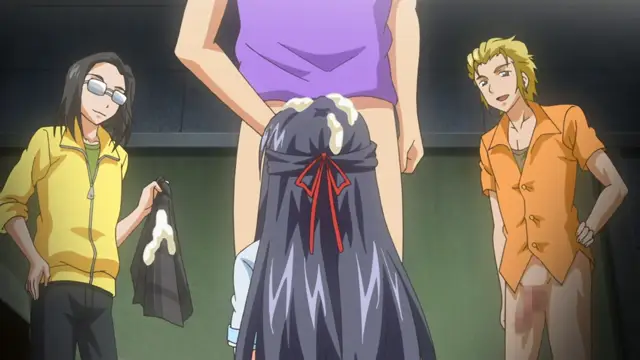 A tall blonde man in an orange prisoner's outfit and a girl with glasses in a yellow jacket watch a tall woman in a purple top and a black skirt with white fluids dripping from her crotch. Screenshot from Wanna SpartanSex Spermax!!! - Episode 1