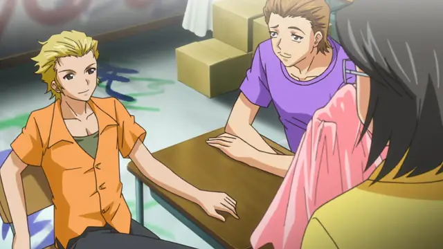 A blonde man in an orange shirt and a brown-haired man in a purple shirt sit at a table across from a woman with black hair wearing a pink robe. Screenshot from Wanna SpartanSex Spermax!!! - Episode 1