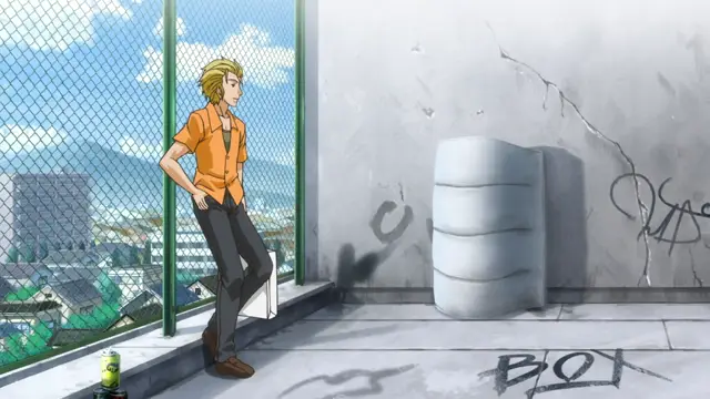 A blonde man in an orange shirt and dark trousers stands on a graffiti-covered rooftop next to a railing, looking out over a city skyline. Screenshot from Wanna SpartanSex Spermax!!! - Episode 1