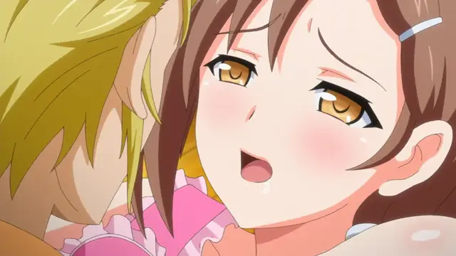 A close-up shot of a blushing anime girl with brown hair and orange eyes expressing a shocked or pleasure-filled expression while being held close by a blonde man. Screenshot from Wanna SpartanSex Spermax!!! - Episode 2