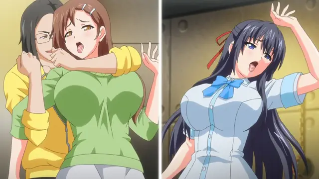 A split-screen image features two anime girls reacting with shocked expressions, with the girl on the left being grabbed from behind by a man in a yellow sweater while the girl on the right looks surprised with her hands raised near her head. Screenshot from Wanna SpartanSex Spermax!!! - Episode 2
