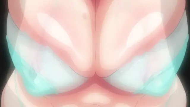 A close-up shot of a woman's large, heavy breasts with visible nipples, squeezed between her chest and her light blue bra. Screenshot from Otome Dori - Episode 1