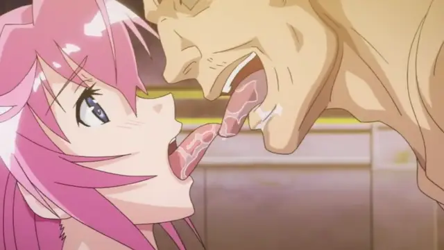 A close-up anime still shows a pink-haired girl with an open mouth looking up at a large, muscular man whose tongue is being licked by her. Screenshot from Otome Dori - Episode 2