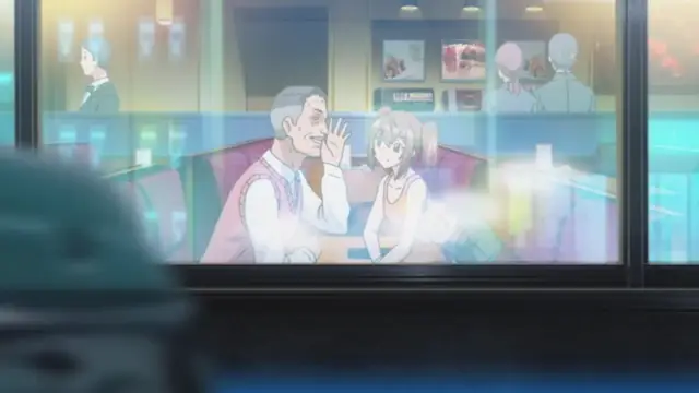A middle-aged man in a pink vest sits at a table inside a bar, smiling and holding his hand up to his face while speaking to a young woman with blonde hair tied in pigtails. Screenshot from Otome Dori - Episode 2