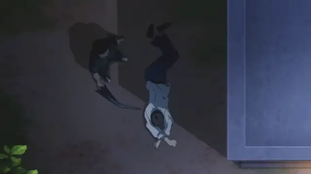 A man lies face down on the ground next to another man who is lying on his back holding a sword. Screenshot from Otome Dori - Episode 2
