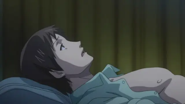 A male anime character with dark hair lies on a bed, looking upwards with a dazed expression, wearing an open light-blue shirt that reveals his chest and belly button. Screenshot from Otome Dori - Episode 2