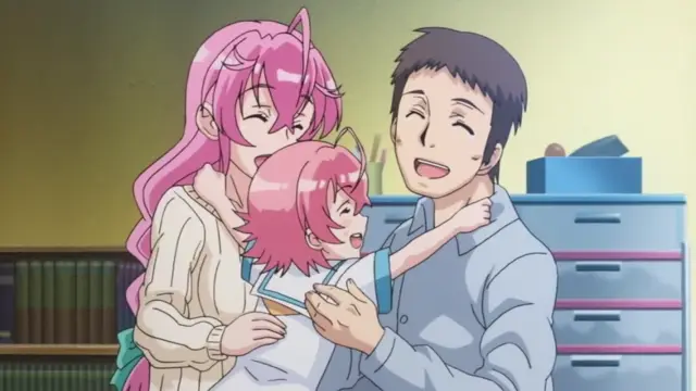 A smiling anime man in a light blue shirt holds a small girl with pink hair while a tall woman with long pink hair smiles warmly at them in a room with a bookshelf and a dresser. Screenshot from Otome Dori - Episode 2