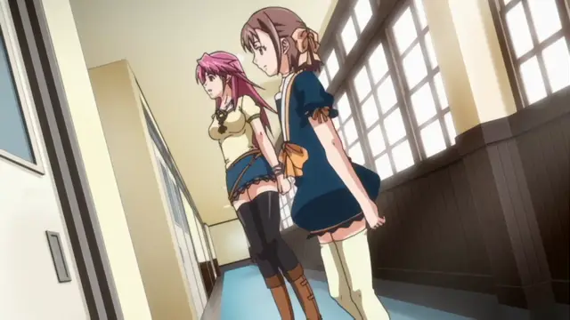 A pink-haired girl in a sailor-style outfit and a brown-haired girl in a blue dress stand in a hallway, with the pink-haired girl looking down and the brown-haired girl looking towards her. Screenshot from Diabolus Kikoku - Episode 1
