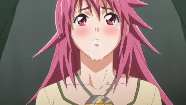 A blushing anime girl with pink hair and red eyes has a dazed expression and drool coming from her mouth. Screenshot from Diabolus Kikoku - Episode 1