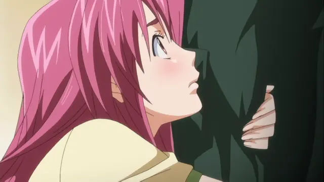 A blushing pink-haired girl in a light-colored dress looks up at a tall man in a dark green outfit, her hand resting against his chest as they stand close together. Screenshot from Diabolus Kikoku - Episode 1