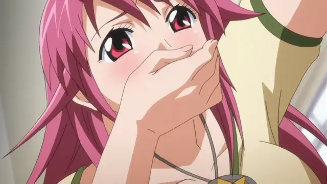 A blushing pink-haired anime girl with pointed ears covers her mouth with her hand while looking upward in a surprised or embarrassed expression. Screenshot from Diabolus Kikoku - Episode 1