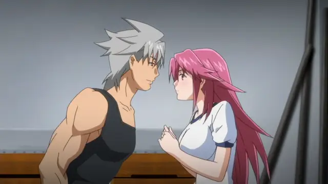 A muscular, grey-haired man in a black tank top stands close to a long-haired pink-haired woman in a white shirt, looking intensely into each other's eyes in a room with a window. Screenshot from Diabolus Kikoku - Episode 1