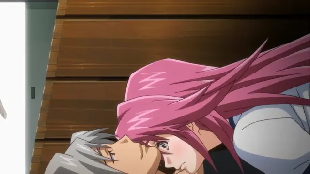 A girl with long pink hair and a boy with grey hair are shown in a close-up shot, leaning in close to each other as if about to kiss in front of a wooden wall. Screenshot from Diabolus Kikoku - Episode 1