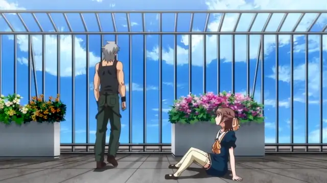 A silver-haired man in a black tank top and green pants stands facing away from a brown-haired woman in a blue dress who is sitting on the ground between white flower boxes on a balcony. Screenshot from Diabolus Kikoku - Episode 2