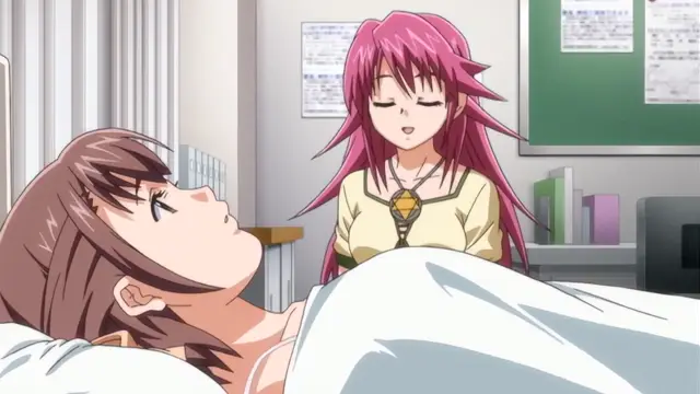 A brown-haired girl lies on a bed while a pink-haired girl with a necklace sits over her, leaning in close with her eyes closed. Screenshot from Diabolus Kikoku - Episode 2