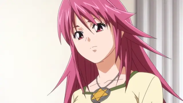 A close-up shot shows a girl with long pink hair and red eyes looking forward with a neutral expression while wearing a yellow shirt and a necklace with a pentagram pendant. Screenshot from Diabolus Kikoku - Episode 2