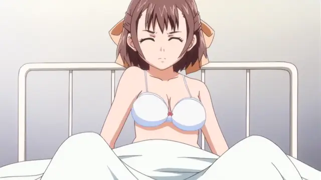 A close-up shot of a brown-haired anime girl with cat ears wearing a blue and white bikini top sitting in a bed with a white comforter pulled up to her waist. Screenshot from Diabolus Kikoku - Episode 2