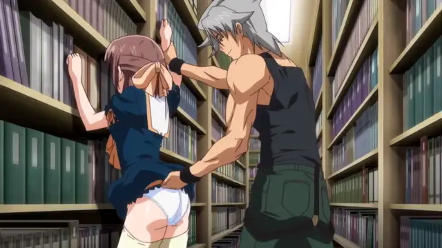 A tall, muscular man with grey hair and a black tank top pins a girl with brown hair against a bookshelf in a library, with his hand on her butt while she wears a blue dress and white underwear. Screenshot from Diabolus Kikoku - Episode 2