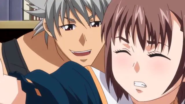 A muscular man with gray hair smiles broadly while holding a blushing woman with brown hair who has her eyes closed and a small bite mark on her lower lip. Screenshot from Diabolus Kikoku - Episode 2