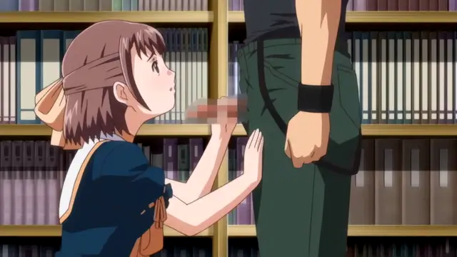 A young girl in a school uniform looks up with wide eyes and a blushing face while placing her hands on the crotch of a tall man's trousers in a library. Screenshot from Diabolus Kikoku - Episode 2