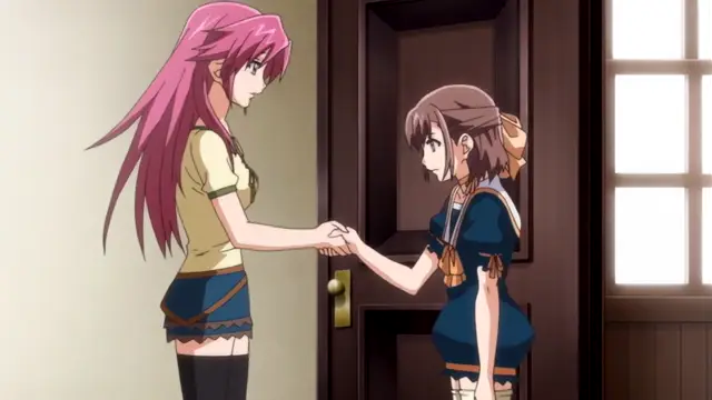 A pink-haired woman in a yellow top and blue skirt shakes hands with a smaller woman in a blue dress and gold accessories in a room with a door. Screenshot from Diabolus Kikoku - Episode 2