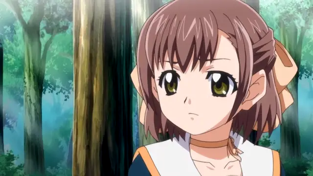 A brown-haired anime girl with golden eyes and large hair ribbons looks forward with a worried expression while standing in a dense forest. Screenshot from Diabolus Kikoku - Episode 2