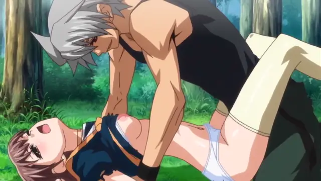 A muscular anime man with spiky grey hair and black shorts leans over a female anime character in a forest, holding her breasts as she lies on her back wearing a blue and gold outfit and white panties. Screenshot from Diabolus Kikoku - Episode 2