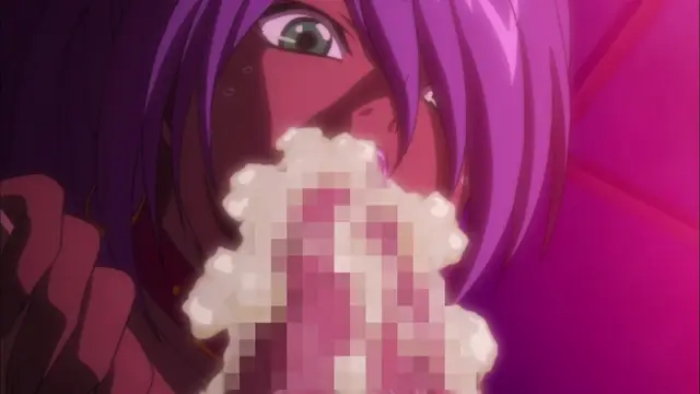 A purple-haired anime girl with a blushing face and wide eyes is depicted with a blurred object between her lips. Screenshot from Witch of Steel Annerose - Episode 1