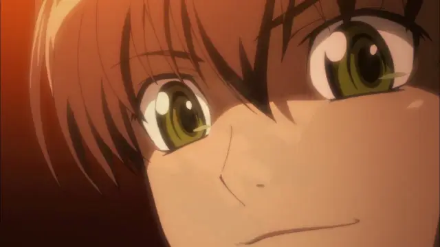 A close-up shot of an anime girl with short brown hair and large green eyes looking slightly to the side with a neutral expression. Screenshot from Witch of Steel Annerose - Episode 1