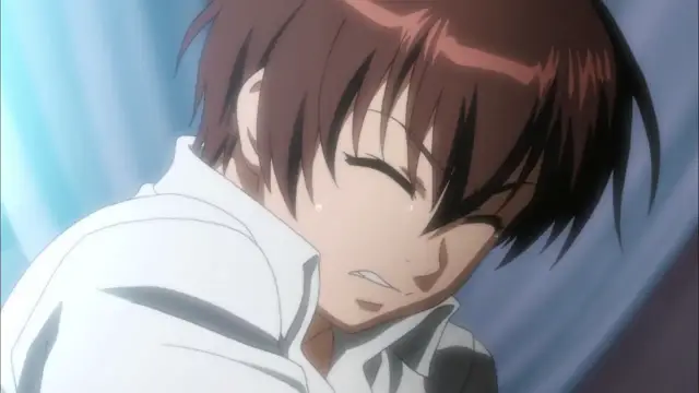 A close-up of an anime girl with short brown hair and a white shirt looking distressed with her eyes closed and sweat on her face. Screenshot from Witch of Steel Annerose - Episode 1