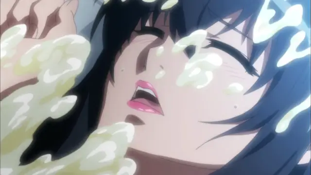 A close-up shot shows an anime girl with blue hair and a blushing face covered in white bubbles and fluids as her mouth is open. Screenshot from Witch of Steel Annerose - Episode 1