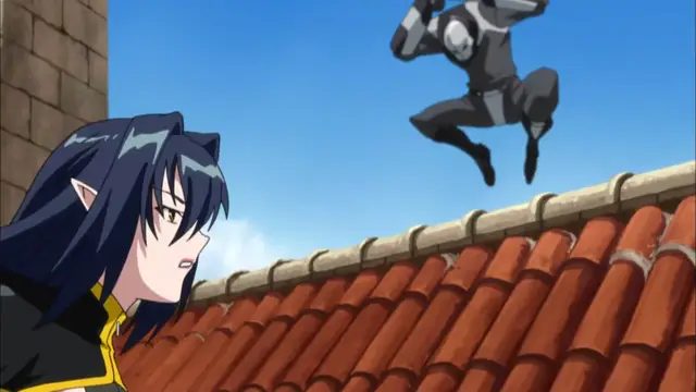 A dark-haired elf woman with cat ears looks up in shock as a male character in black and grey armor jumps over a red-tiled roof. Screenshot from Witch of Steel Annerose - Episode 2