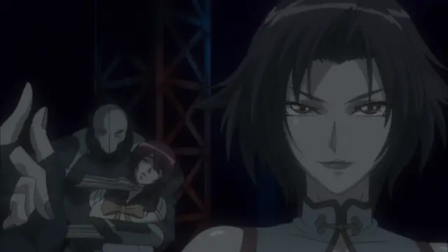 A dark-haired anime man with sharp eyes and a smug expression stands in the foreground, while in the background, a masked figure holds a bound and unconscious woman with red hair. Screenshot from Witch of Steel Annerose - Episode 2