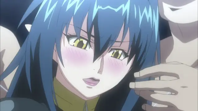 A blue-haired anime girl with blushing cheeks and a dazed expression looks up at a male character who is holding her chin. Screenshot from Witch of Steel Annerose - Episode 2