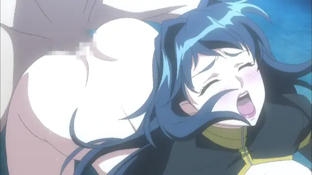 A blue-haired girl with blushing cheeks and an open mouth looks up in ecstasy as she lies next to a person with large breasts. Screenshot from Witch of Steel Annerose - Episode 2
