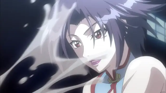 A close-up shot of a young woman with dark hair and large red eyes wearing a traditional blue and red garment, with a smug expression on her face as smoke or mist swirls around her. Screenshot from Witch of Steel Annerose - Episode 2