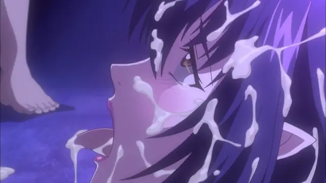 An anime girl with purple hair and elf ears is shown with a face full of white semen, with the words "Aaaah!" on her face. Screenshot from Witch of Steel Annerose - Episode 2