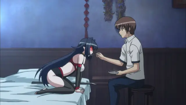 A long-haired girl in red and black lingerie kneels on a bed and bows her head while a young man in a white shirt sits on a stool before her, holding a small cup. Screenshot from Witch of Steel Annerose - Episode 2