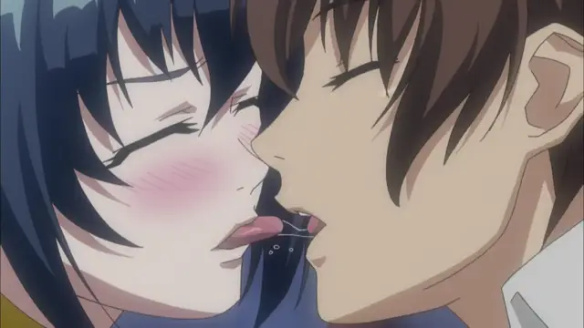 A close-up shot of a girl with blue hair and a blushing face and a brown-haired boy sharing a deep kiss with their eyes closed. Screenshot from Witch of Steel Annerose - Episode 2