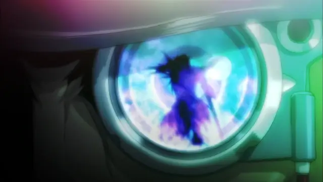 An anime character wearing a white and teal spacesuit looks toward a circular porthole, inside of which a silhouette of a character with purple hair and glowing white details can be seen amidst a blue-tinted, ethereal space background. Screenshot from Witch of Steel Annerose - Episode 3