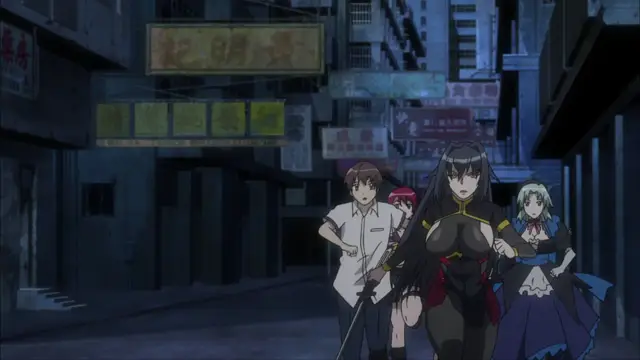 A young man and three women, including a girl in a maid outfit, walk together through a dimly lit urban street lined with signs. Screenshot from Witch of Steel Annerose - Episode 3