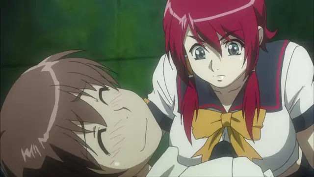 A blushing young man lies on his back with his eyes closed while a red-haired girl in a school uniform leans over him with a shocked expression. Screenshot from Witch of Steel Annerose - Episode 3