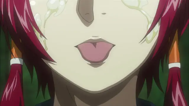 A close-up of an anime girl with red hair and twin tails, showing a dazed expression with thick white fluids dripping down her face. Screenshot from Witch of Steel Annerose - Episode 3