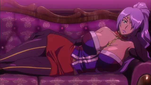 A purple-haired woman with a choker and collar lies on a purple sofa wearing a red skirt and a revealing blue and white corset, looking towards the viewer with a provocative expression. Screenshot from Witch of Steel Annerose - Episode 3