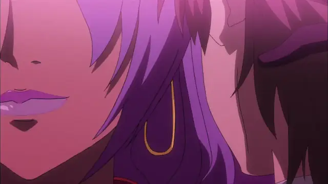 An anime-style close-up shows a woman with purple hair and large gold hoop earrings smiling while a man with dark hair leans in toward her. Screenshot from Witch of Steel Annerose - Episode 3