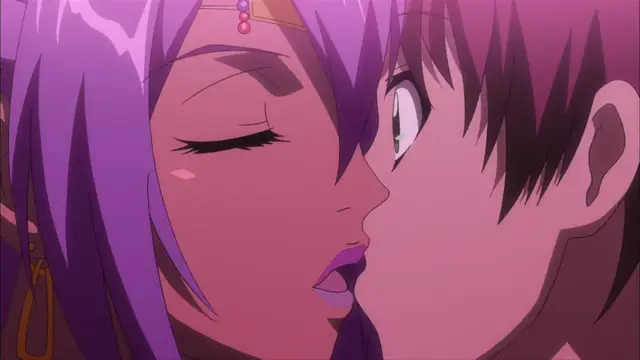 An anime girl with purple hair and a boy with brown hair are shown in a close-up shot as they are about to kiss. Screenshot from Witch of Steel Annerose - Episode 3