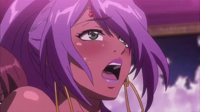 A purple-haired anime girl with a blushing face and heavy earrings looks upward with an open-mouthed, aroused expression while panting. Screenshot from Witch of Steel Annerose - Episode 3