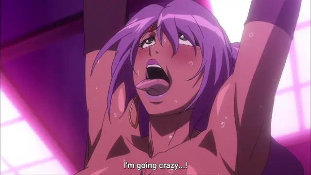 A purple-haired woman with a blushing face and sweat on her skin looks upwards with her mouth open and tongue out while the subtitles read "I'm going crazy...!". Screenshot from Witch of Steel Annerose - Episode 4