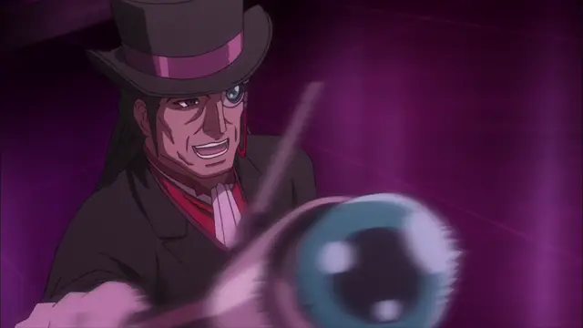 A man wearing a top hat and a suit with a sinister grin holds a large firearm in front of a purple and pink background. Screenshot from Witch of Steel Annerose - Episode 4