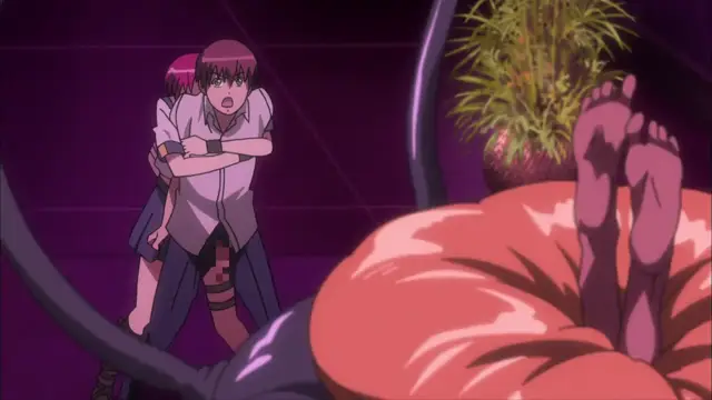 A shocked anime girl with brown hair and a white shirt stands behind another girl with pink hair, both looking on in surprise as a large, flesh-colored figure sits in a chair with its bare feet raised in the foreground. Screenshot from Witch of Steel Annerose - Episode 4